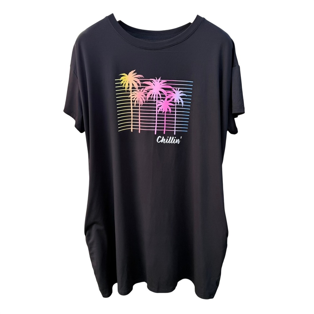 Joyspun Sleep Shirt Womens‎ L-XL Black Palm Tree Graphic Loungewear Nightgown